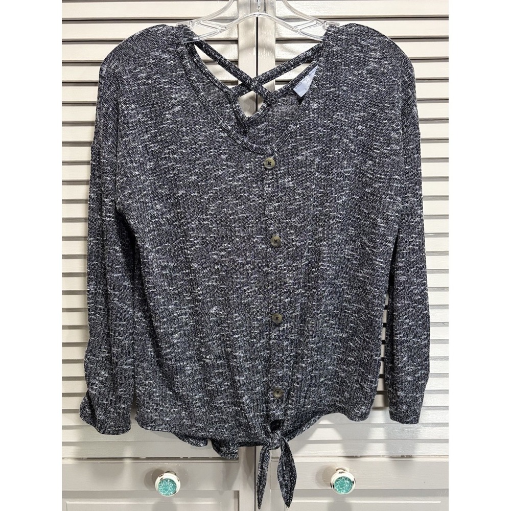 Bobbie Brooks Knit Sweater V Neck Faux Buttons 3/4 Sleeve Size L Tie Waist Soft